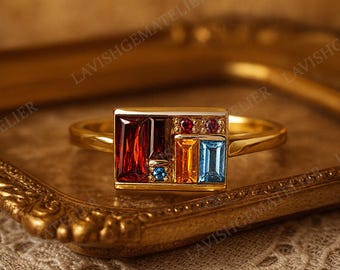 Unique Multi Gemstone Box Ring, 14K Solid Gold Baguette Garnet Statement Ring, Antique Art Deco Engagement Ring Fine Jewelry Gift For Her