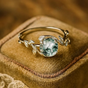Moss Agate Leaf Engagement Ring, Nature Inspired Silver Ring, Handmade Round Gemstone Ring, Dainty Promise Ring, Boho Forest Jewelry Gift