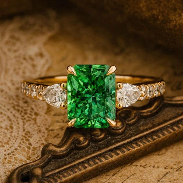 May include: A gold ring featuring a large, rectangular, vibrant green centre stone held by four prongs. Two pear-shaped clear stones flank the centre, and smaller round clear stones are set along the thin gold band on both sides.
