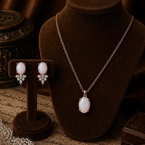 May include: A rose gold necklace and earring set featuring oval opal stones. The necklace has a pendant with a single opal, while the earrings have opal stones with surrounding clear crystals. The jewelry is displayed on brown velvet stands.
