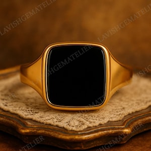 18k Gold Signet Ring for Men Black Onyx Ring 9mm Gold Onyx Signet Ring for Men Black Stone Ring For Man Boyfriend Valentines Gift For Man