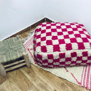 Vintage Moroccan Wool Pouf: Handwoven Berber Ottoman, Boho Floor Pillow