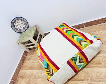 Handwoven Moroccan Kilim Pouf: Berber Wool Floor Cushion
