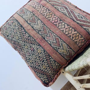 Handwoven Moroccan Wool Pouf: Berber Rug Ottoman, Earthy Boho Decor
