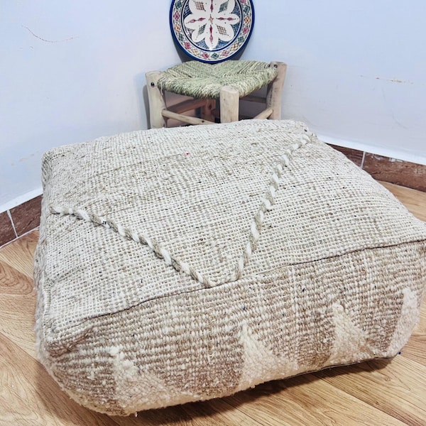 Handmade Moroccan Wool Pouf: Berber Floor Cushion, Boho Ottoman - killim