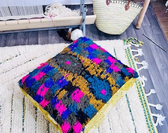 Puf de lana bereber marroquí, otomana kilim vintage, cojín de suelo hecho a mano, decoración bohemia.