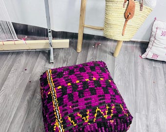Moroccan Berber Wool Pouf, Vintage Kilim Ottoman, Handmade Floor Cushion, Boho Decor