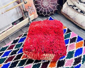 Handwoven Wool Moroccan Pouf – Recycled Berber Rug, Boho Floor Seating