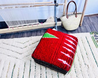 Moroccan Berber Wool Pouf, Vintage Kilim Ottoman, Handmade Floor Cushion, Boho Decor