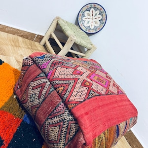 Handwoven Moroccan Wool Pouf: Berber Rug Ottoman, Earthy Tones
