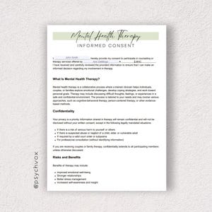 May include: A printed document titled "Mental Health Therapy Informed Consent." The document includes sections on therapy, confidentiality, risks, and benefits. The document has a light green header and the @psychvox logo in the bottom left corner.