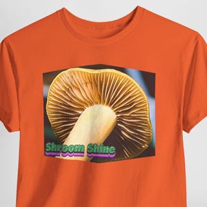 Shroomshine Mushroom Photo T Shirt, Retro Garden Shirt Orange