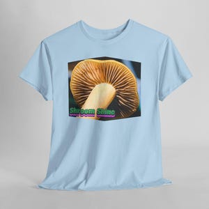 Shroomshine Mushroom Photo T Shirt, Retro Garden Shirt Light Blue