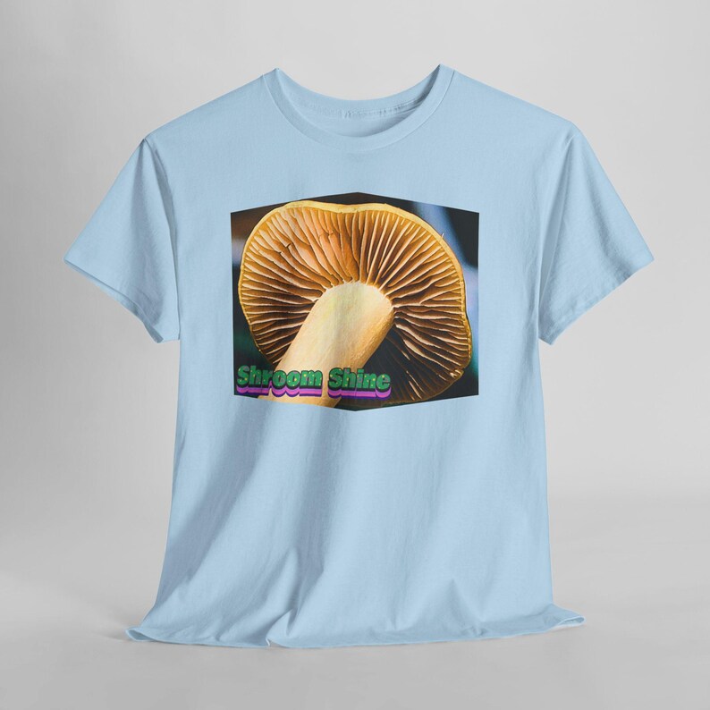 Shroomshine Mushroom Photo T Shirt, Retro Garden Shirt Light Blue