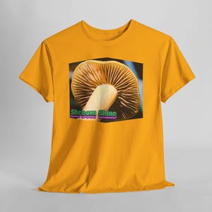 Shroomshine Mushroom Photo T Shirt, Retro Garden Shirt Gold