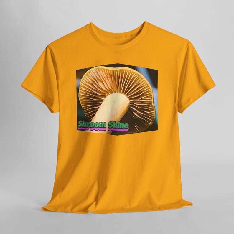 Shroomshine Mushroom Photo T Shirt, Retro Garden Shirt Gold