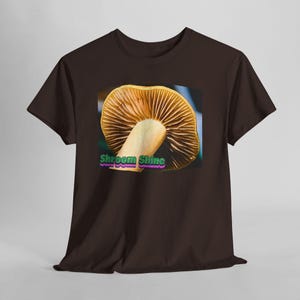 Shroomshine Mushroom Photo T Shirt, Retro Garden Shirt Dark Chocolate