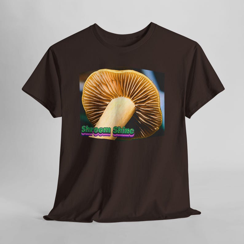 Shroomshine Mushroom Photo T Shirt, Retro Garden Shirt Dark Chocolate