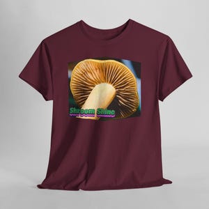 Shroomshine Mushroom Photo T Shirt, Retro Garden Shirt Maroon