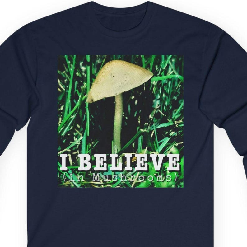 Mushroom Long Sleeve Shirt, 90s Style UFO Nature Graphic Tee, "I Believe (in Mushrooms)" Navy