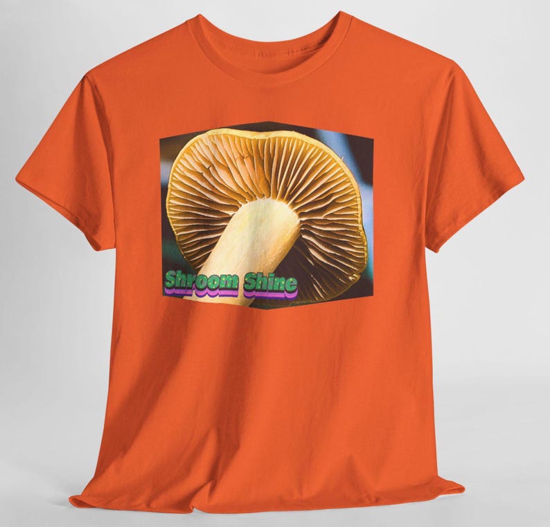 Shroomshine Mushroom Photo T Shirt, Retro Garden Shirt Orange