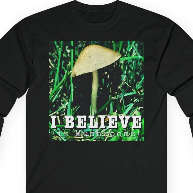 Mushroom Long Sleeve Shirt, 90s Style UFO Nature Graphic Tee, "I Believe (in Mushrooms)" Black