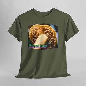 Shroomshine Mushroom Photo T Shirt, Retro Garden Shirt Military Green