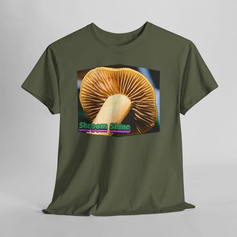 Shroomshine Mushroom Photo T Shirt, Retro Garden Shirt Military Green