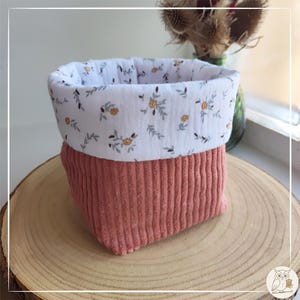 Baby basket in velvet and double gauze fabric. Diaper, storage, and makeup basket. Boho basket for bathroom or changing table.