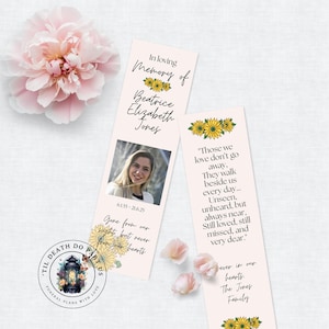 Memorial Keepsake Bookmark – Editable Canva Template | Sunflower Theme | 6x2&quot; Digital Download