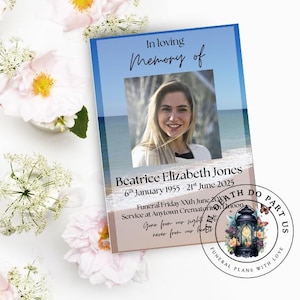 May include: A memorial card with a photo of a woman, the text "In loving Memory of Beatrice Elizabeth Jones" and dates. The card has a beach scene background and a decorative stamp with a lantern and flowers.