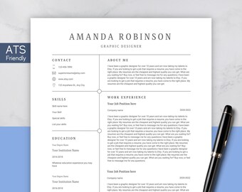 May include: A resume template with the name "AMANDA ROBINSON" and the title "GRAPHIC DESIGNER" at the top. The resume includes sections for contact information, skills, education, and work experience. A black pen rests on the right side of the resume.