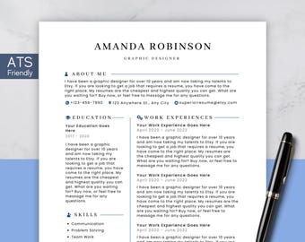 May include: A resume template with the name "AMANDA ROBINSON" and the title "GRAPHIC DESIGNER" at the top. The resume includes sections for "ABOUT ME", "EDUCATION", "SKILLS", and "WORK EXPERIENCES". A black pen is in the bottom right corner.