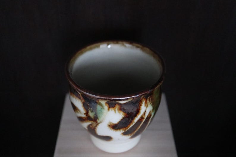 May include: A ceramic teacup with a white base and a brown, green, and white patterned exterior. The rim is dark brown. The cup is set against a dark background.