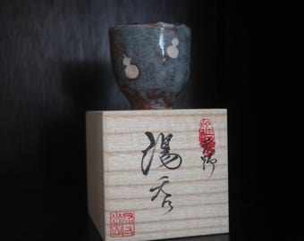 Japanese shino ware Shino glaze Tea coffee cup auspicious 6 Gourds pattern(come with handmade paulownia wood box and handwriting calligra