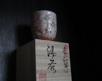 Japanese Kyo-ware pottery <White Plum> Shino glaze Tea coffee cup handmade in Kyoto  (with paulownia wood box and handwritten calligraphy)