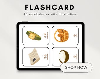 May include: Digital flashcard set for beginners, featuring 48 vocabulary words with illustrations. The image shows a tablet displaying flashcards with images of a watch, bread, newspaper, and rice. The text on the tablet reads "FLASHCARD" and "SHOP NOW".