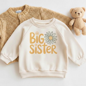 Camiseta de hermana mayor, Daisy Boho, regalo para nueva hermana mayor, camiseta para niña pequeña, camiseta de anuncio de bebé, camiseta retro de flores para hermana mayor imagen 2