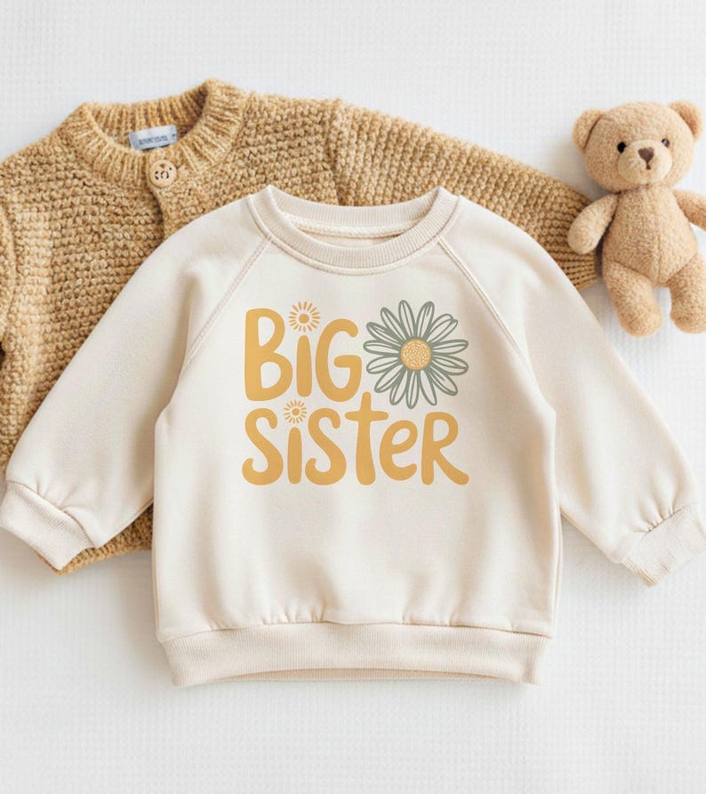 Camiseta de hermana mayor, Daisy Boho, regalo para nueva hermana mayor, camiseta para niña pequeña, camiseta de anuncio de bebé, camiseta retro de flores para hermana mayor imagen 2