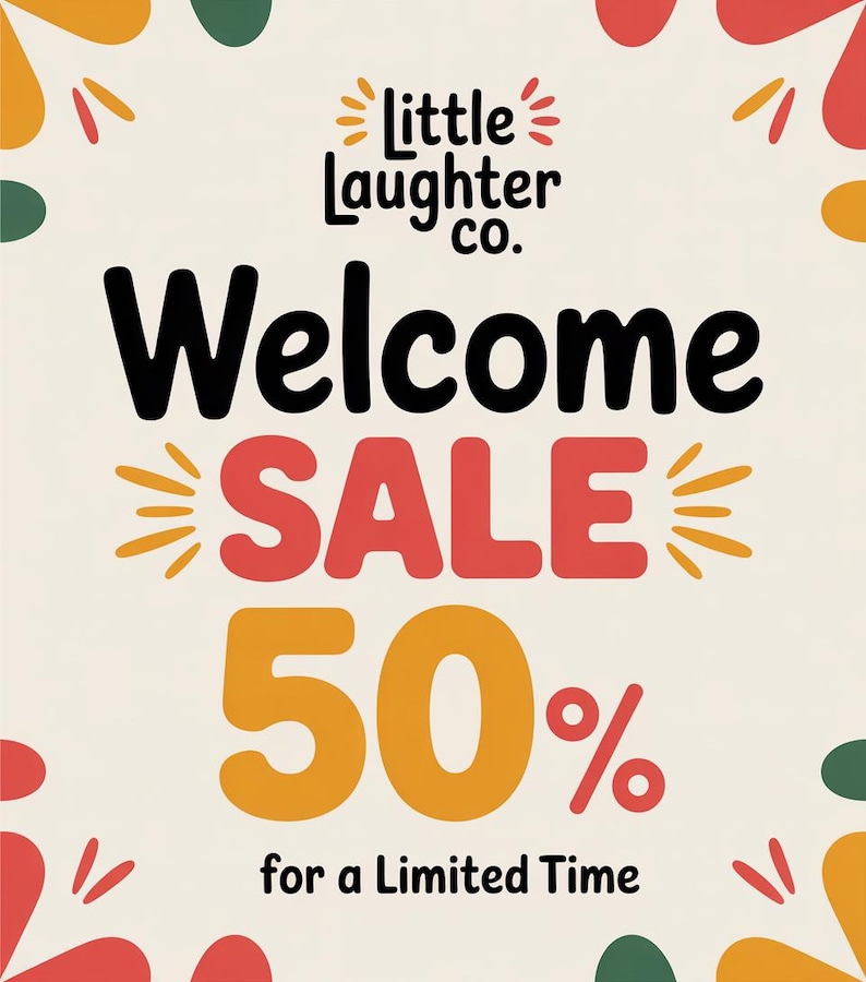 The image is a colorful advertisement for a sale at Little Laughter Co. featuring the text "Welcome Sale 50% for a Limited Time".
