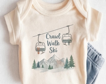 Crawl Walk Ski Baby Onesie - Cute Future Skier Mountain Bodysuit