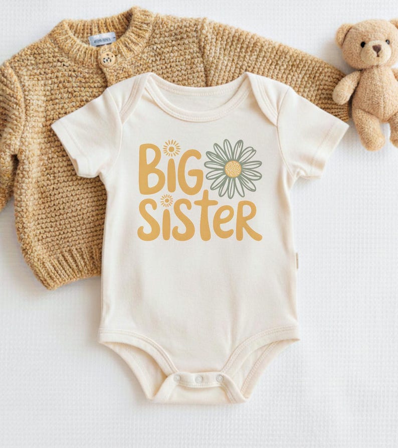 Camiseta de hermana mayor, Daisy Boho, regalo para nueva hermana mayor, camiseta para niña pequeña, camiseta de anuncio de bebé, camiseta retro de flores para hermana mayor imagen 5