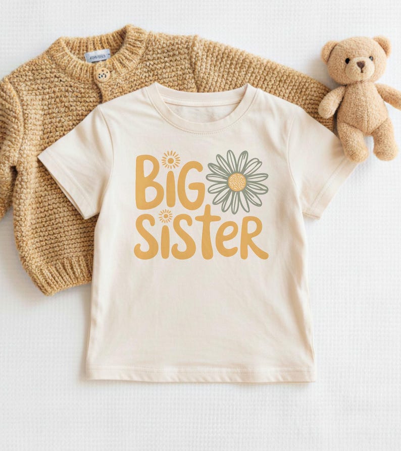 Camiseta de hermana mayor, Daisy Boho, regalo para nueva hermana mayor, camiseta para niña pequeña, camiseta de anuncio de bebé, camiseta retro de flores para hermana mayor imagen 1