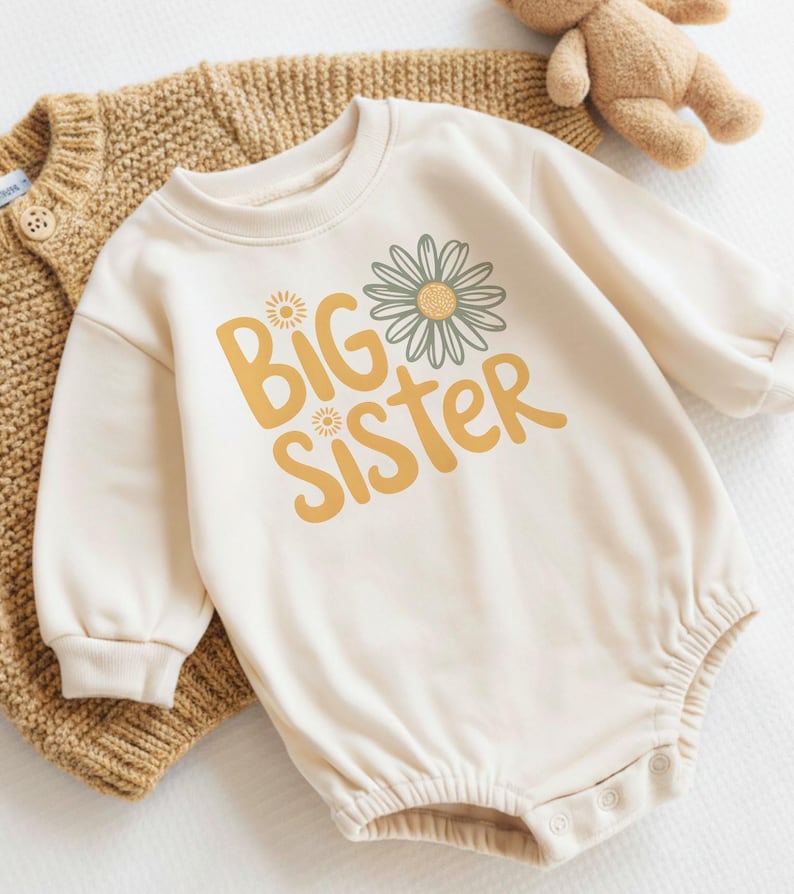Camiseta de hermana mayor, Daisy Boho, regalo para nueva hermana mayor, camiseta para niña pequeña, camiseta de anuncio de bebé, camiseta retro de flores para hermana mayor imagen 4