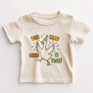 May include: Cream-colored toddler t-shirt with a graphic of a goose wearing a party hat. Text reads "THIS SILLY GOOSE IS TWO!" in yellow and green. The goose is depicted with outstretched wings and a joyful expression.