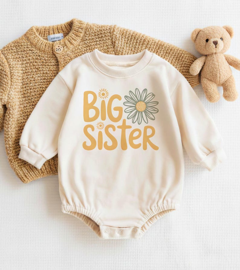 Camiseta de hermana mayor, Daisy Boho, regalo para nueva hermana mayor, camiseta para niña pequeña, camiseta de anuncio de bebé, camiseta retro de flores para hermana mayor imagen 3