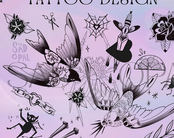 Swallow Tattoo Flash Sheet – Linework Swallow, Scissors, Devil & More – Hand-Drawn Digital Download – Printable Tattoo Designs