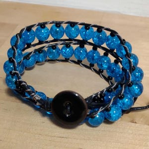 Blue Crackle Glass Bead Triple Wrap Bracelet Black Leather Cord Button Toggle
