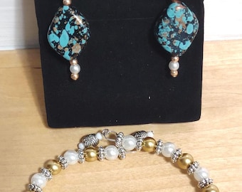 Artisan Turquoise & Pearl Jewelry Set with Gold And Silver Tones