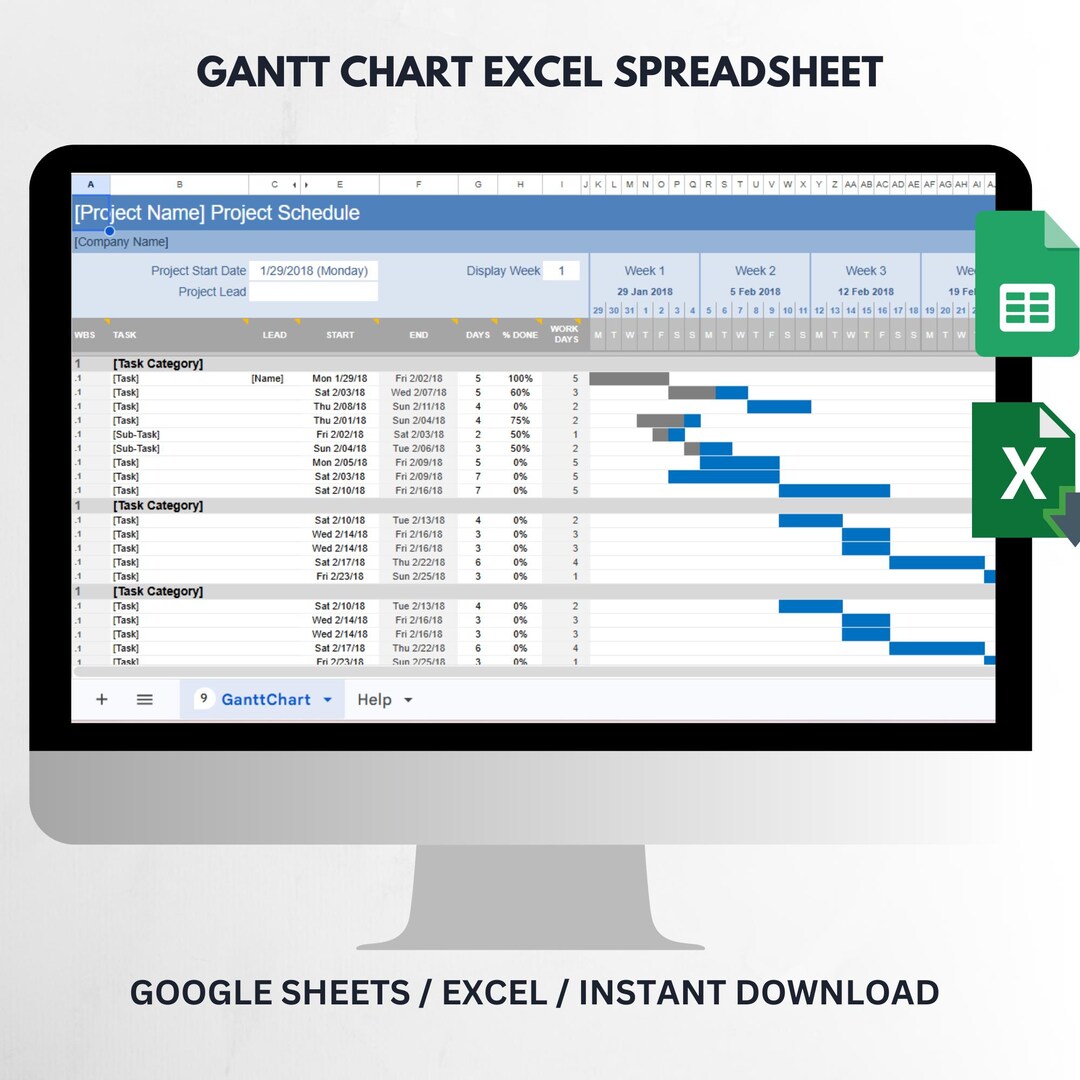 Simple Gantt Chart Project Planner Spreadsheet | Excel Project Timeline ...
